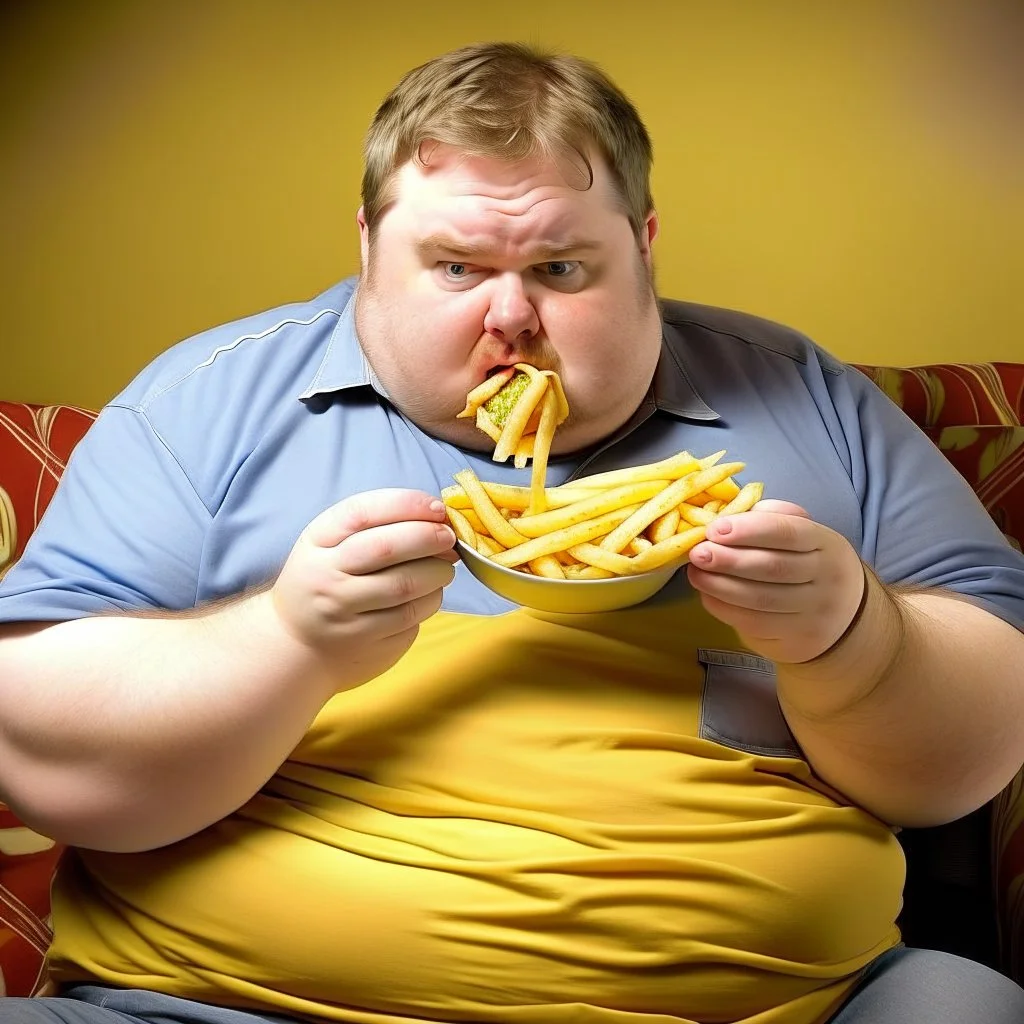 Fat american eating fries