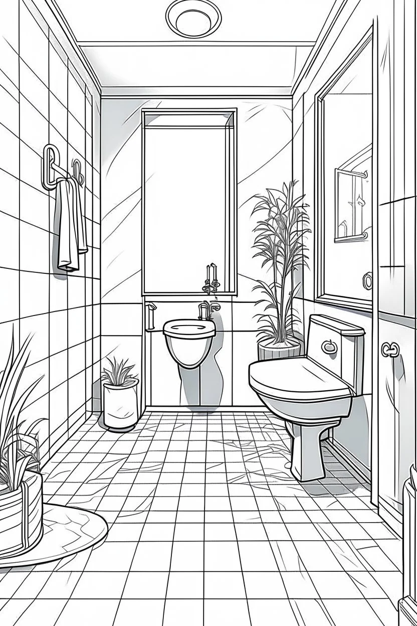 Outline art, house interior design, bathroom with toilet and shawer, no shading, no lines, cartoon style, --ar 9:11