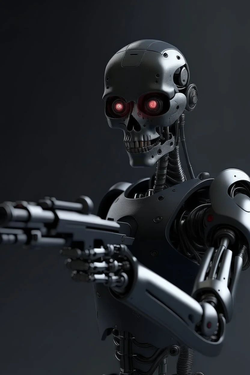 a scary robot with a gun searching for humans looking right far away