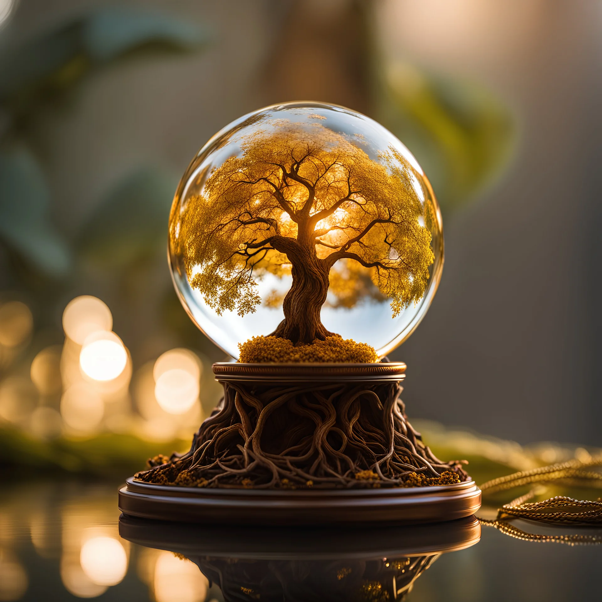 a tree of life inside of a glass-sphere, the tree has decayed from lack of nutrients, goldish light inside the glass-sphere, gold glass-sphere, intricate detailes, micro gold aura, Cinematic lighting, Volumetric lighting, Epic composition, Photorealism, Bokeh blur, Very high detail, Sony Alpha α7, ISO1900, Character design, Unreal Engine, Octane render, HDR, Subsurface scattering