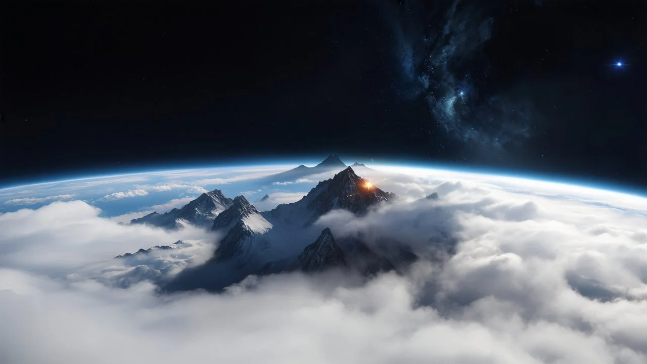 a fog planet's atmosphere is pierced by a single sharp mountain peak. a curved horizon separates the starry space. a single tiny spark of light at the tip of the mountain's peak