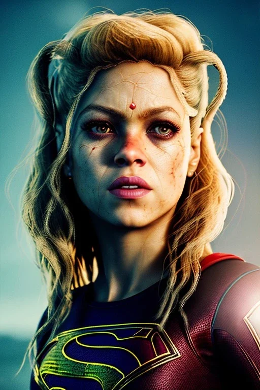 portrait, Shakira, make-up, angry, Realistic image, superhero, retro style, 70s, supergirl, blood, sweat, fog, goddess. Color background, photo studio, concept art, smooth, unreal engine 5, god lights, ray tracing, RTX, lumen lighting, ultra detail, volumetric lighting, 3d, finely drawn, high definition, 4k.