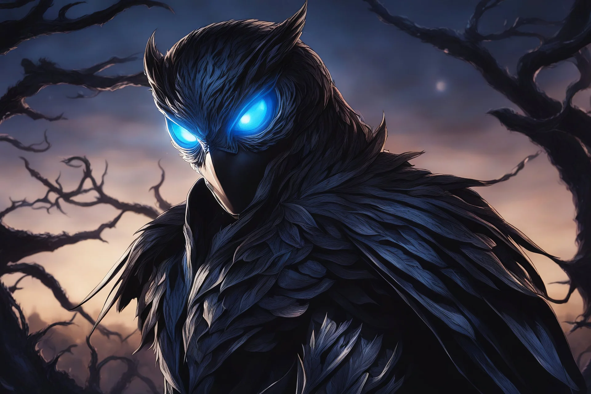 Symbiote in 8k solo leveling shadow drawing, owl barn, blue lights, sky , intricate details, highly detailed, high details, detailed portrait, masterpiece,ultra detailed, ultra quality