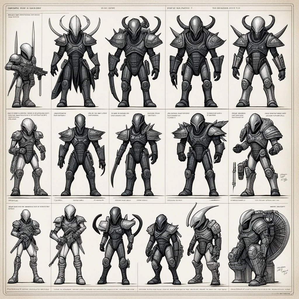 ConceptSheet blueprint [by by Kevin Eastman and Peter Laird]: a grid of sci-fi aligned group of xenomorph armours