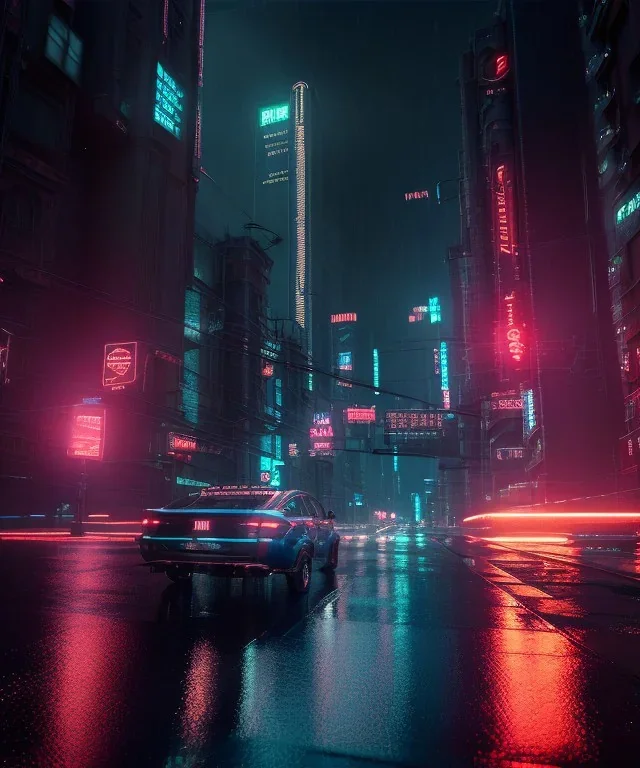 3D, beautiful, light reflecting, empty city, midnight, rainy night, neon, cyberpunk,