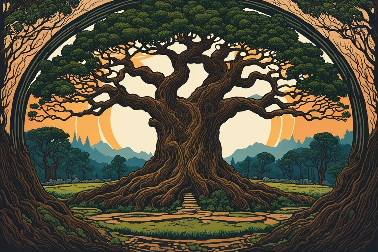 museum quality color woodcut of Yggdrasil, the world tree towering over a circle of ancient Druidic standing stones, in the style of Gustave Baumann, with a fine art aesthetic, highly detailed, finely cut ,8k render