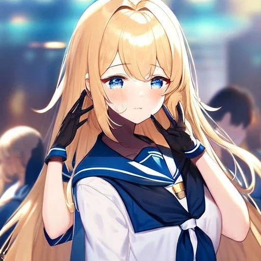 Clear focus,High resolution,High quality, Blonde long fluffy hair, blue eyes, crying, wearing a sailor uniform, have black gloves on