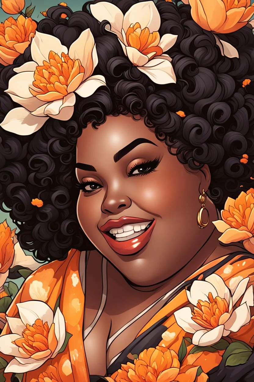 Create a comic book cartoon art style image of a plus size black female looking down with a smile on her face. Prominent makeup with hazel eyes. Highly detailed messy curly bun with a hair scarf tied on her head with large orange magnolia flowers surrounding her. 2k