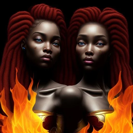 3D. Detailed Painting .realistic. Dark skin women. Beautiful. the faces of two young black women. Warm. Fire nymphs emerging from the flames.red.. Energy. Focus. THeir hair looks like smoke .smoke curling. Dreadlocs. Their skin is the colour of charcoal . Their hair moves like smoke. . their clothing is made of flames, red. Orange. Yellow. White and gold