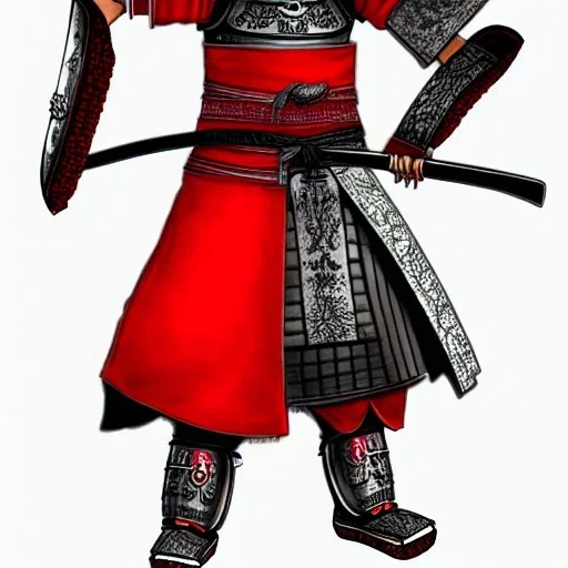 Personnage détaillé, chat, anthropomorphique, habillé comme un samurai, armure très détaillé, rouge, argent.