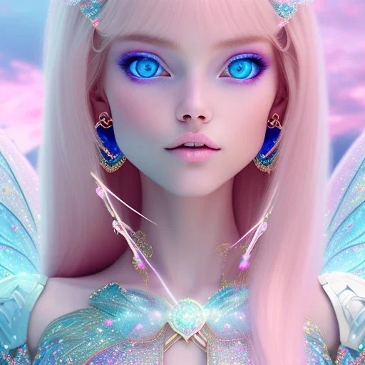  beautiful, soft, whide smile face,whole head, long blonde straight hair, blue eyes, fairy wings on the back, transparent crystal blue and pink clothes, background blue and pink, big definition, 8K