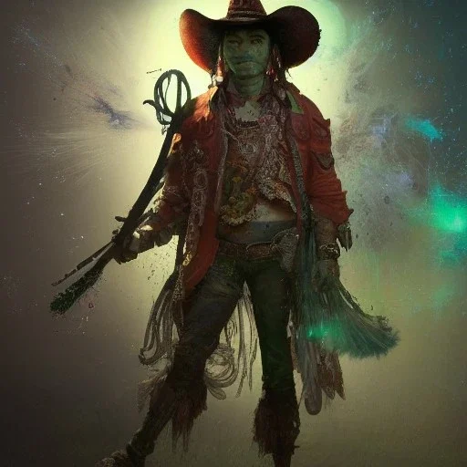 Insanely detailed photograph of an “ a midevil cowboy warrior "with worn Sombrero, handsome charo,cigar,glowing bluish green orb in outstretched hand, hyperdetailed painting by Ismail Inceoglu Huang Guangjian and Dan Witz CGSociety ZBrush Central fantasy art album cover art,8K, hdr, mysterious, flickeringlights ,Stoic