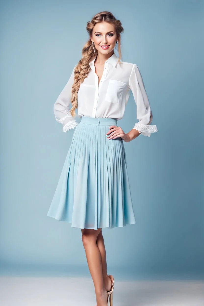 full body of very beautiful lady midi light blue skirt and bluse , Braided hair ,standing idle happy pose in studio pretty makeup