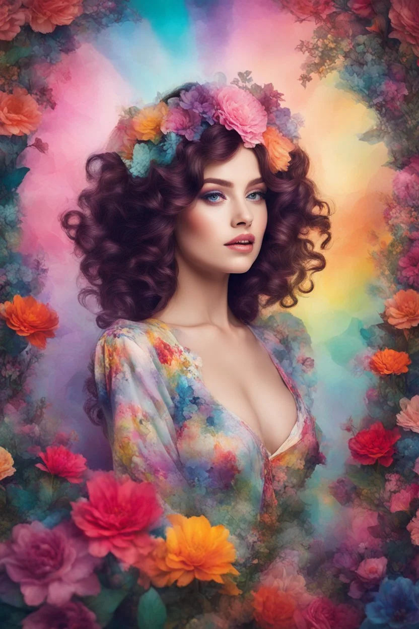 Realistic Photography beautiful woman in wonderland, boheme chic outfit adorned with flowers, vibrant colors,photography inspired, soft pastels, brush strokes, ethereal, digital photography, beautiful and intricate patterns, delicate curls, rainbows, playful, stylish, high contrast, striking shadows, fantastical elements, modern twist, retro vibes, lively and energetic, surrealistic elements, kaleidoscopic patterns, dreamlike atmosphere, whimsical, effervescent, contemporary flair, eye-catching