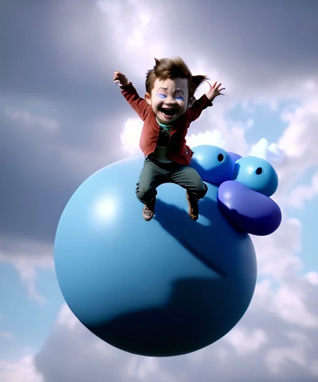 Ultra realistic clouds sky scene, wide angle, medium shot view, portrait, sweet Child, free jumping flying, trinkets, hair monster, jelly beans, balls, smile, happy, Peter Pan style, inflatable color clothing, extreme, wind, clouds sea, 20,000 feet altitude, stratosphere, soft color, highly detailed, unreal engine 5, ray tracing, RTX, lumen lighting, ultra detail, volumetric lighting, 3d, finely drawn, high definition, high resolution.