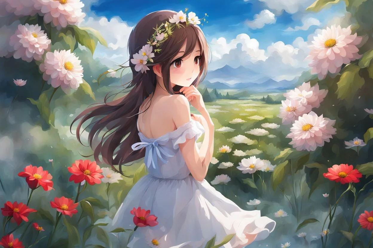 romantic environment heaven flowers clear nice clouds ,young girl gracefully whispering her lovely joy,full body shot.