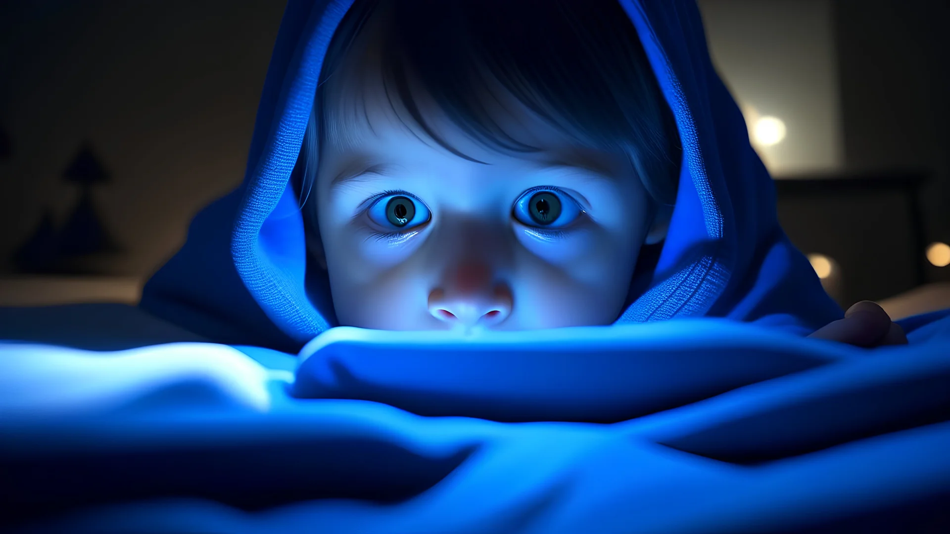 Small boy watching tablet or mobile phone at bed, blanket over his head, close-up detail to face and eyes. Bedtime harmful blue light screentime concept. Generative AI