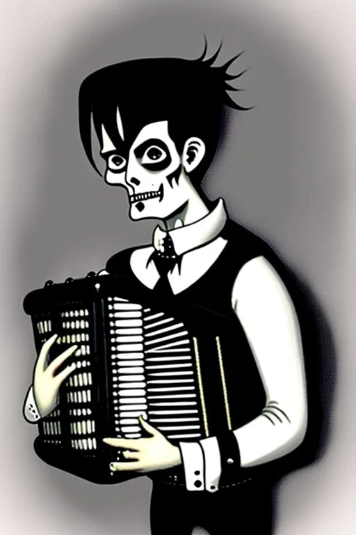 goth male necromancer with black hair playing a accordion in the style of charles addams