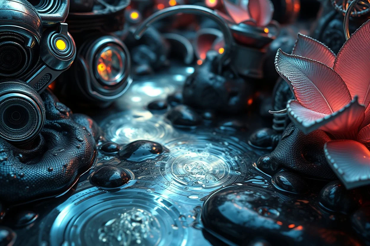 Macro photography of a sci-fi ecosystem. Close-up of metallic recursive architectural elements merging with organic bioluminescent plant life. The water in the nearby stream shows impossible fractal ripples and metallic sheen. Intricate procedural patterns, high-tech nature, hard-surface modeling aesthetics mixed with soft organic curves, subsurface scattering on petals, high-gloss metallic reflections, 4k, Octane Render style.