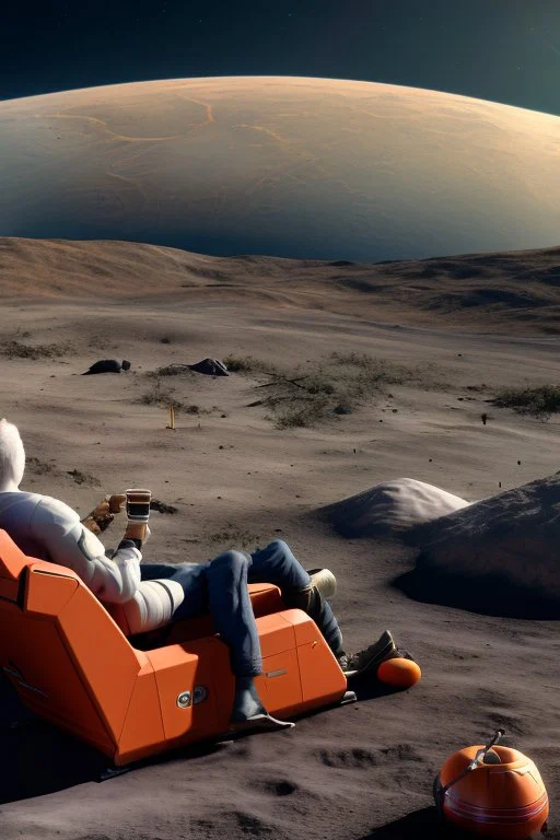 simple scene, Elon musk sitting on the moon on an orange couch, beer in hand ,eating popcorn, looking unamused at planet earth,. selective colours