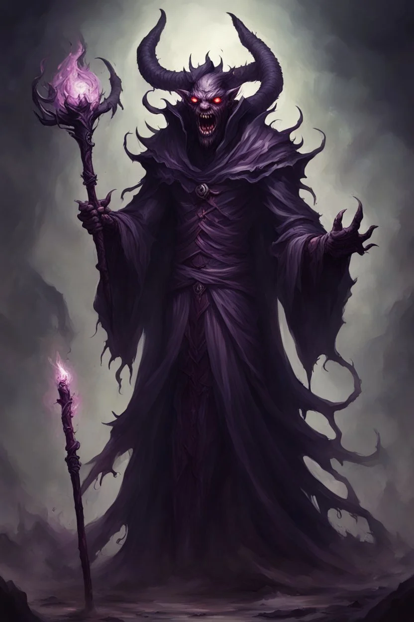 demon monster abyssal dark mage possessed by many souls with a staff