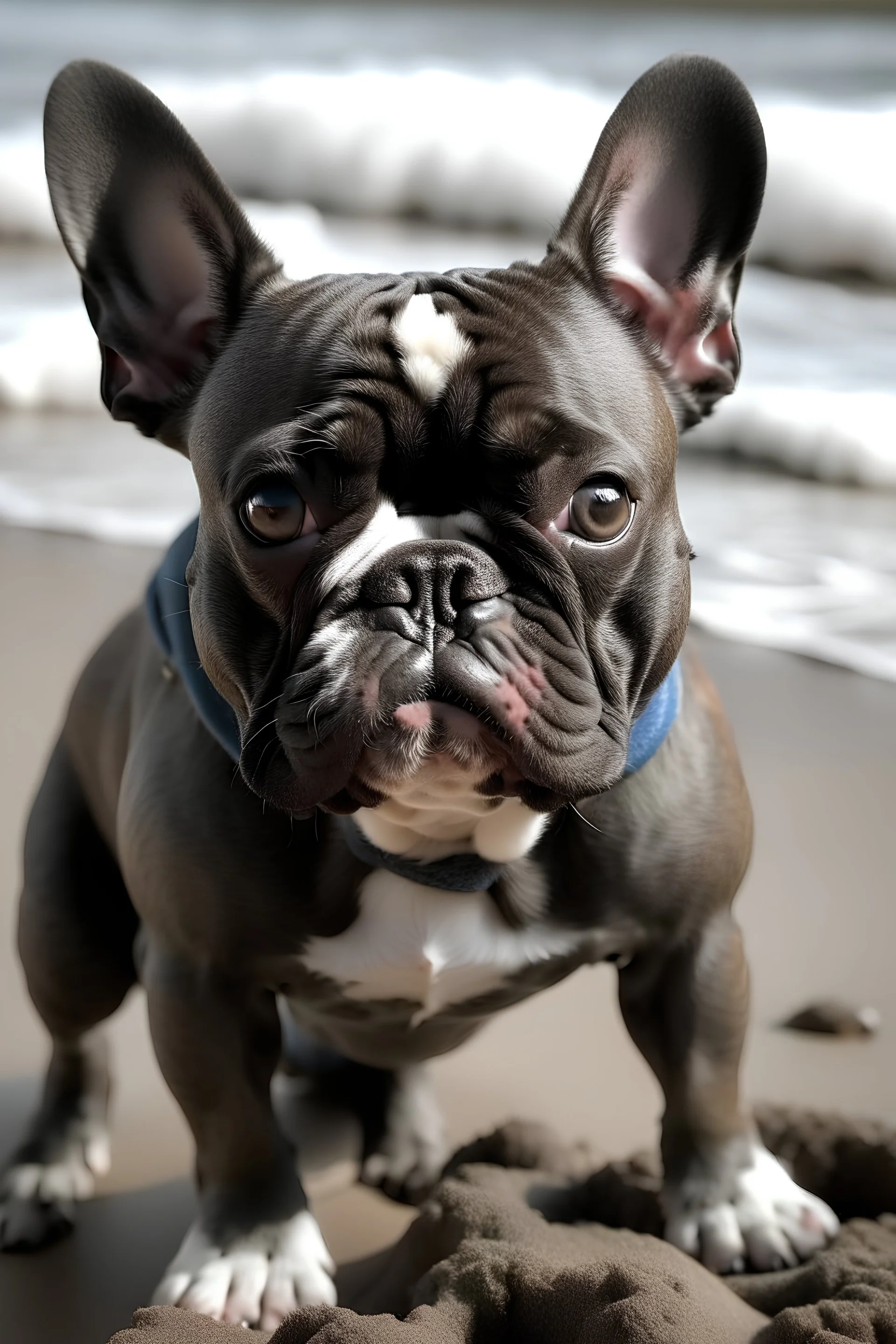 Braun-grauer French bully am Surfen auf Wellen