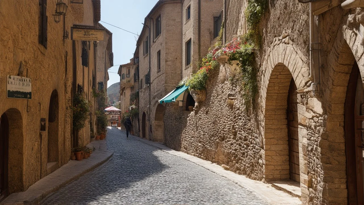 cobbled street with buildings and shops cut from rock, over hanging cliff face, arches, and bridges