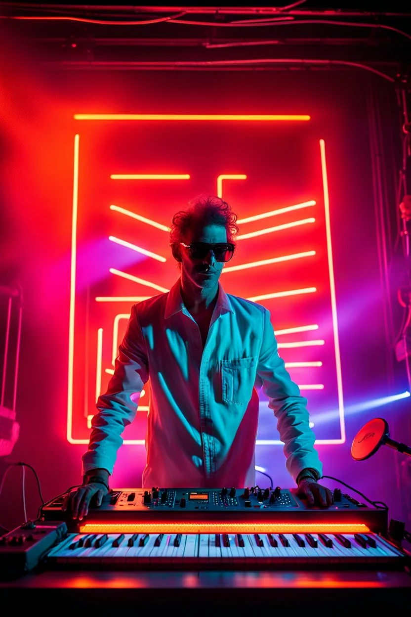 French cool synth player, he is called "Jean-Maurice Brûlée" performing at dance club, his name is "Jean-Maurice Brûlée" , white and orange Neon lights and orange smog, and "URANIUM" big sign on the wall, he is playing on synthesizers on stage with lot of laser beams and wearing black sunglasses, an earth is projected in background