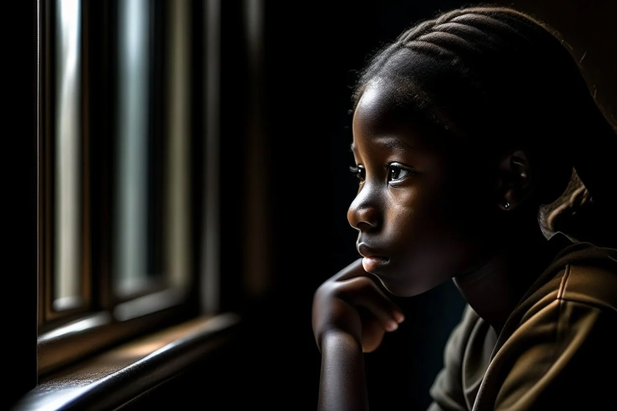 An 11-year-old girl looks out of a window inside the classroom, her hand is not visible, dark-skinned