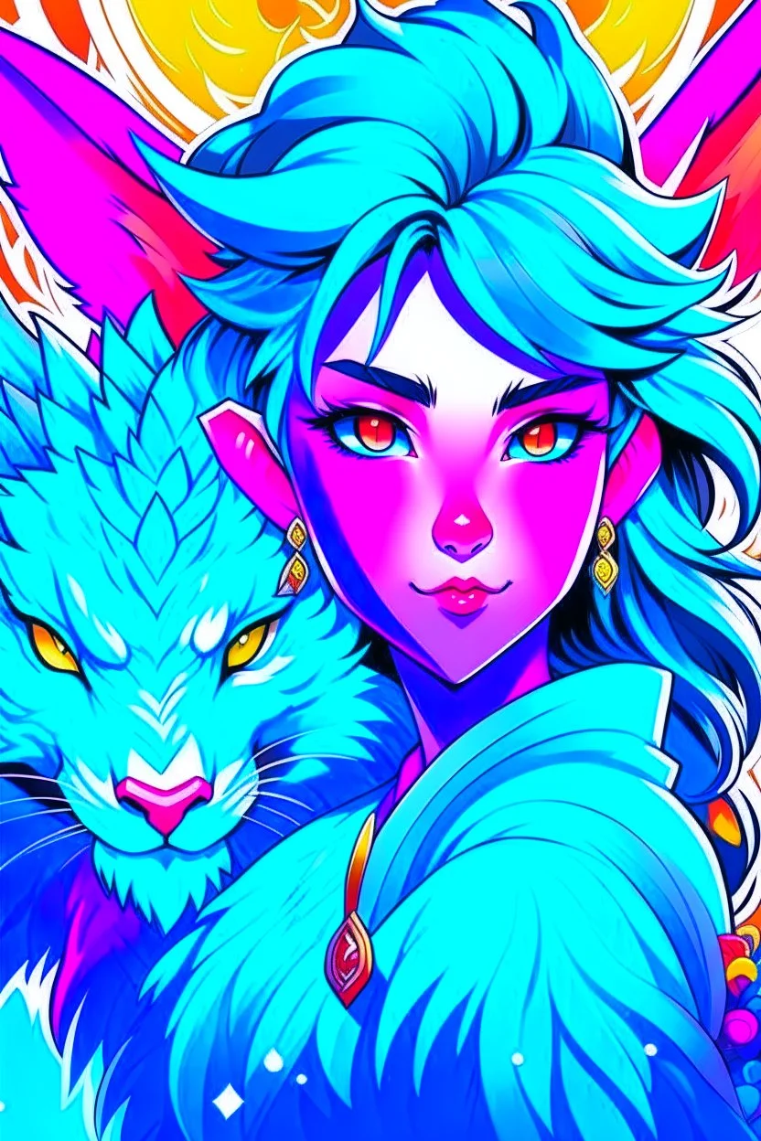 A dragon mixed with a mythical lion and a human female elf.Dramatic and powerful look and feel. Extensive attention to details. Bold lines. Vivid colors. 80s style retro anime art. Double exposure. cartoon style. cubism style