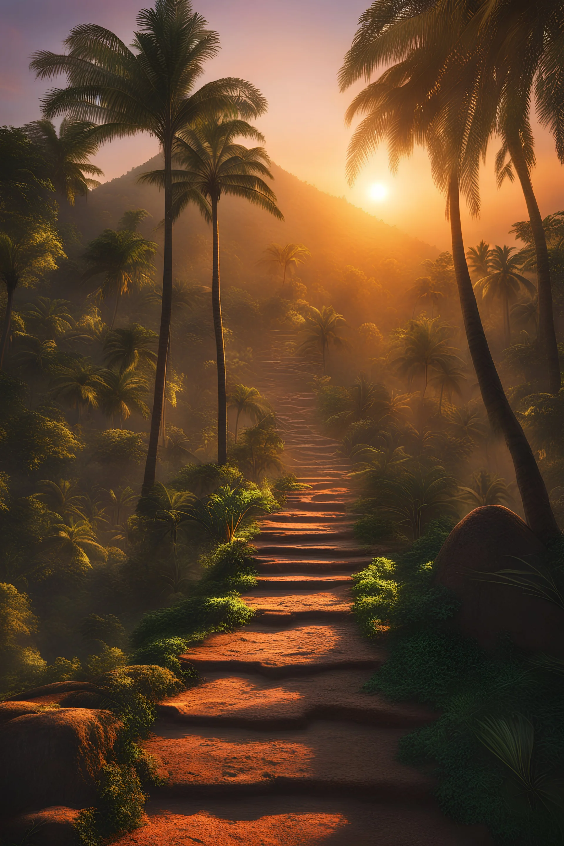 Sunrise over the jungle with ancient piramids , dynamic light and shadow, vivid colors, mid-angle, very detailed scene with intricate details ,ultra hd, realistic, natural colors, highly detailed, UHD ,perfect composition, beautiful detailed intricate image , insanely detailed 8k artistic photography, photorealistic concept art, soft natural volumetric cinematic perfect light,