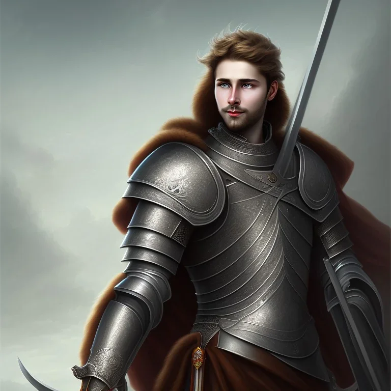 Portrait of a stoic prince in armor, without beard. Has grey eyes, dark hair.