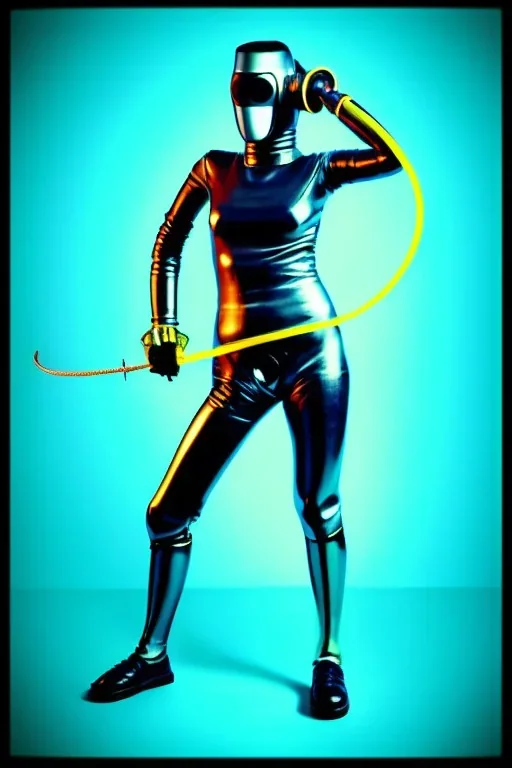 Cyan photograph Cyber-punk woman, steel mask, old AKG-style big headphones, golden rings & disc. Fencing mask. Speakers. Kill Bill, steel sword, Hattori Hanso. Thick tights, thick calves. Old-fashioned camera lenses. Ancient artifact attached, perfect body. Electronic circuits, device, laser. 5-dimensional Escher tiling background. Daft Punk, Tron Movie. Matrix movie clothes, tippet. Cyan latex. Wicked sneakers. 1990's. An old telephone microphone as mouth. Minimalism, fashion, Futuristic.