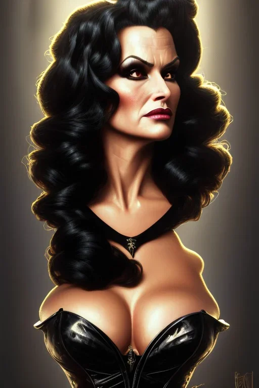 painting of lisa ann as evil queen in black leather gown, feminie, angry, stern look on her face, volouptous, busty, cleavage, emperious, mature, highly detailed, digital painting, artstation, concept art, smooth, sharp focus, illustration, art by gaston bussiere and alphonse mucha