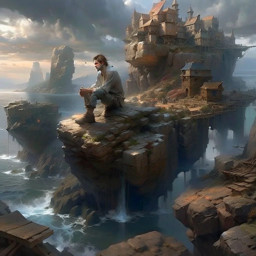 a man sitting on top of a rock next to a body of water, matte painting of human mind, alejandro burdisio art, dream scenery art, cgsociety 9, breathtaking digital art, cgsociety ), digital art fantasy art, digital art fantasy, fantasy space, surreal matte painting, sylvain sarrailh and igor morski, science-fiction art wallpaper