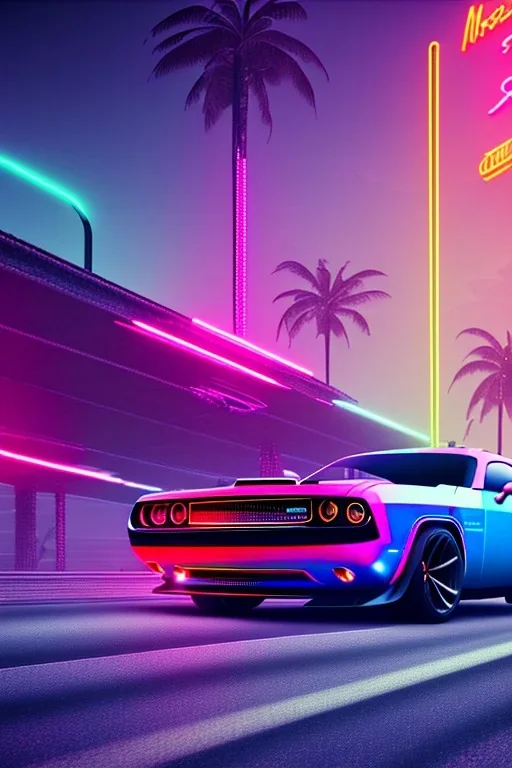 heckansicht dodge challenger fährt auf einem highway richtung horizont,miami vice, miami, neon ligths,chrome, synthwave, retro, high detailed,unreal engine, octane render, photo realistic, viele palmen,