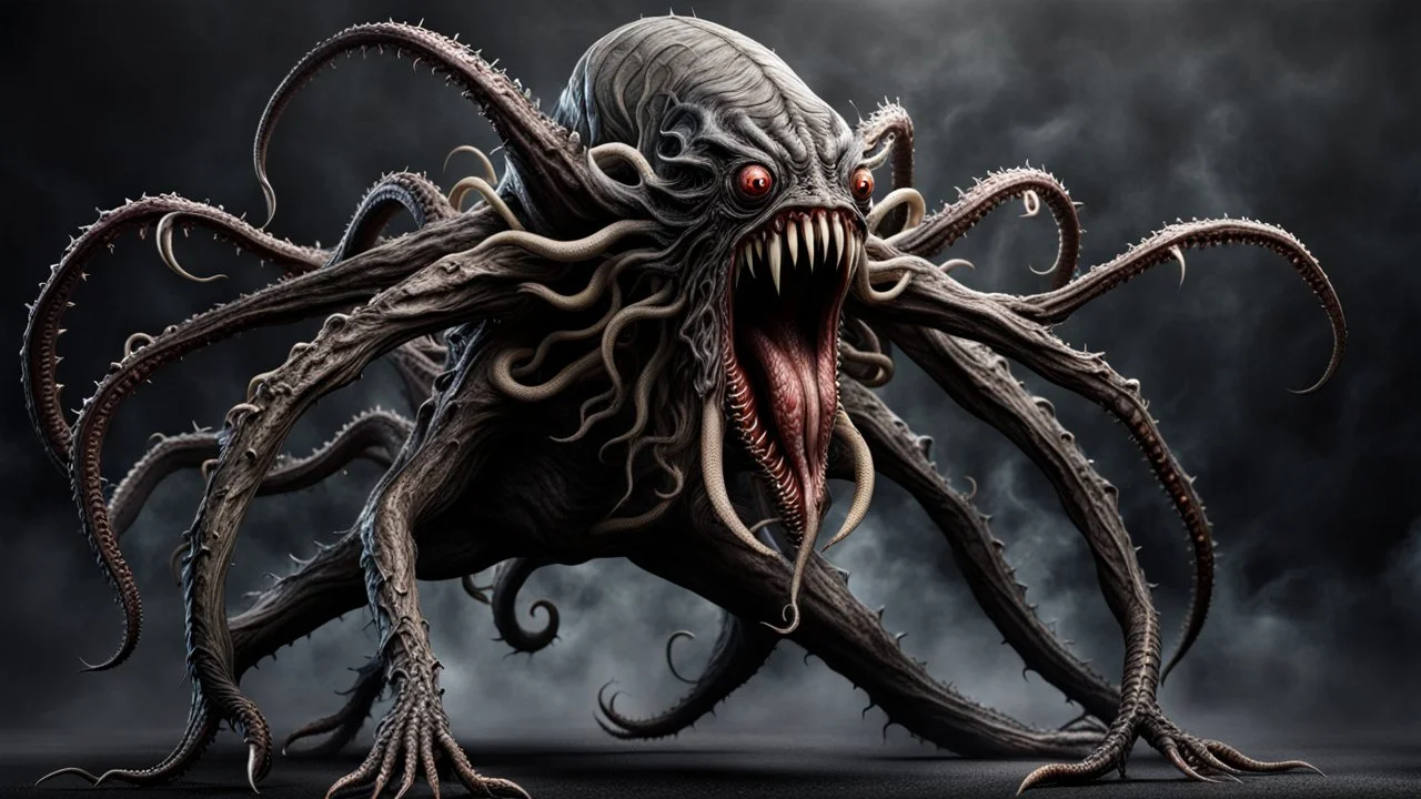 looking to camera a fantasy monster with many tentacles, dynamic pose, scary creature without face and without eyes, with big mouth, full length, full body without legs, very detailed, intricate insanely, Hyperrealism, photorealistic, natural volumetric light, dark fantasy style, photo style