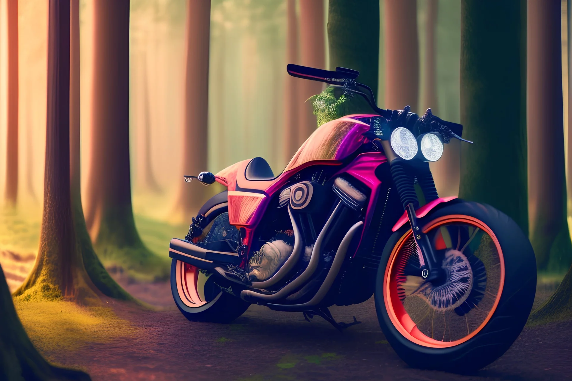 Beautiful, cool, attractive motorcycle in the magic forest, 4K, 8K