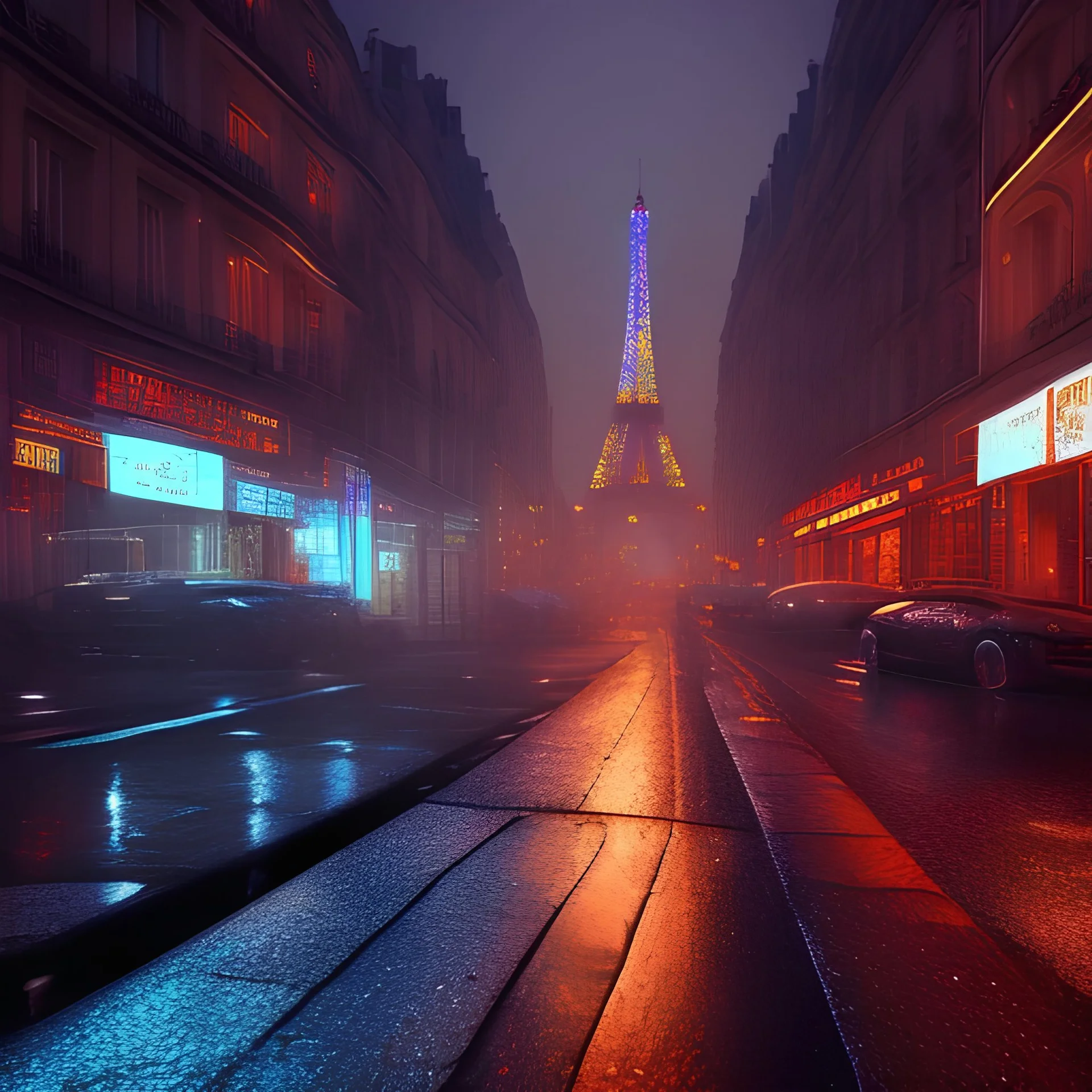 Cyberpunk street view in night , paris , rain, ground reflection