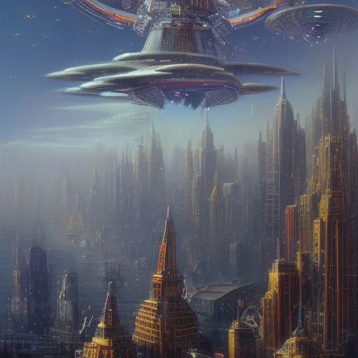 Steampunk scene of futuristic Liberty Statue NY,galaxian fantasy airships flying over San Francisco Bridge in a cloudy sky,Giant sci-fi super-panzer in the style of John Berkey