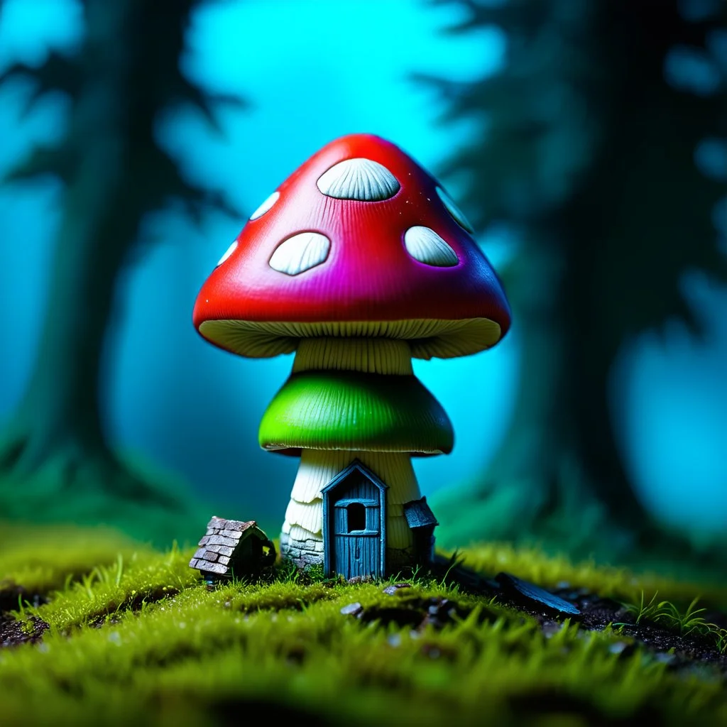 "Close up of a wonderful tiny Mushroom Tower home. Red and green with bright white, deep black and contrasting tones of gray magenta and violet colors. Illuminated bioluminescent forest. Professional painter, master at composition. small but detailed. broken, blurred background, voluminous lighting"