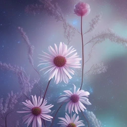 icy blue, ice, plants, wildflower, 4k resolution, soft smooth lighting, soft pastel colors, stars, light