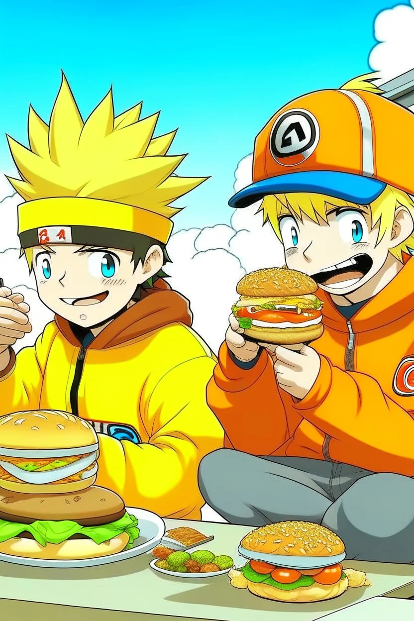 Naruto and mario eating a burger in japan.