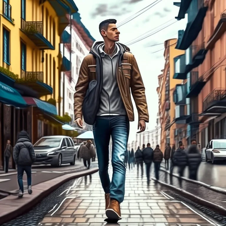 Animated drawing of a man walking headlong in the city of Bogotá front view 8k hyper-realistic front view