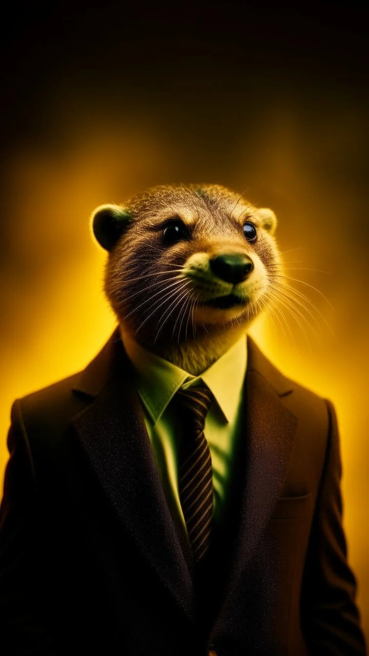 an otter in a brown blazer standing in front of smoke, backlit, in the style of gritty hollywood glamour, infrared film, movie still, emphasis on facial expression