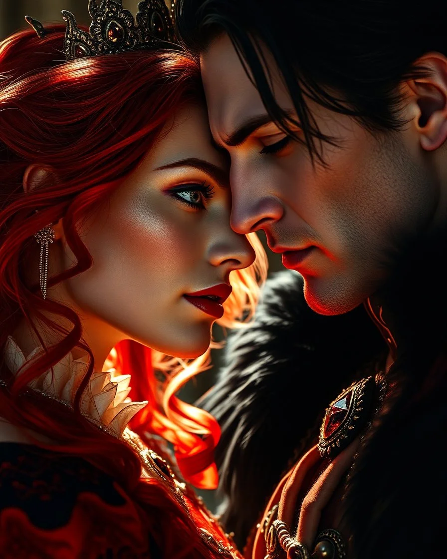 beautiful red queen sunlight hitting her face aesthetic hd. cinematic quality. a queen and her vampire king evil blood thirsty royal couple hyperrealistic hyperrealism , deep shadows , bits of light on face pale skin black hair epic quality ,