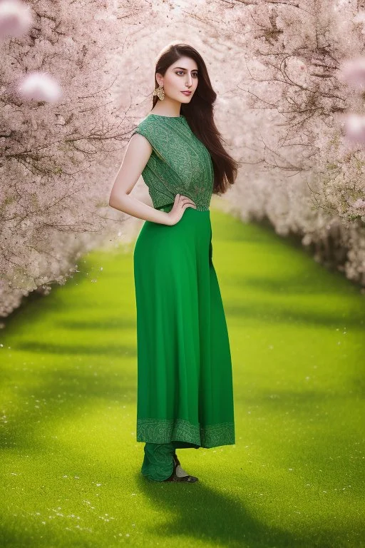 full body shot of very nice real face beautiful Ayeza Khan with make up standing in garden of Pomegranate and pear trees blossom, The almond trees wither, It's spring and it's summer, spring with green plants covering ground.