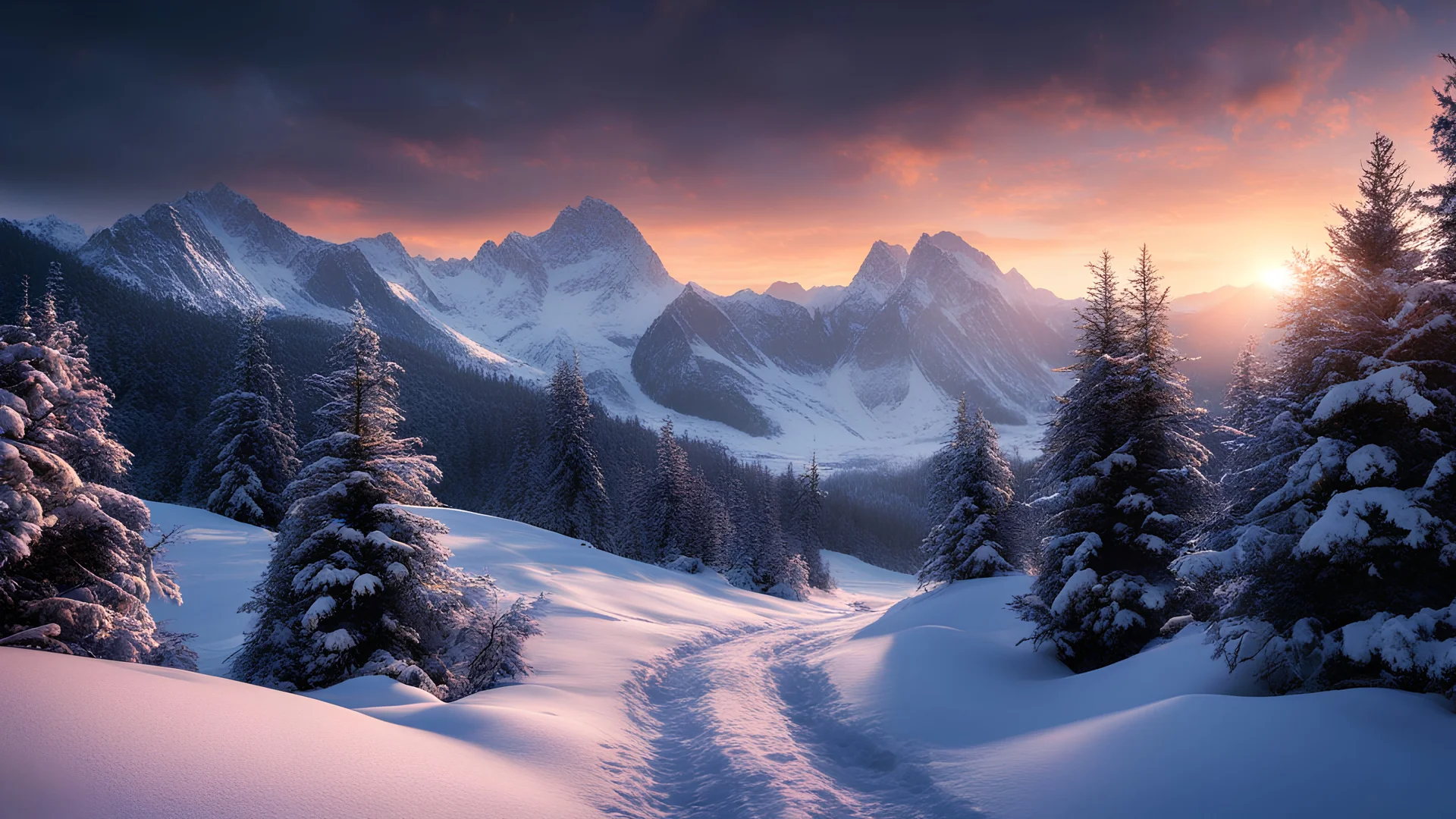 winter, magical landscape, dark art, (dawn), realistic photo, breathtaking, sharp lens, professional photography, 70mm lens, love of detail, good quality, unreal engine 5, wallpaper, colorful, high detail, 8k, soft light, photo realistic