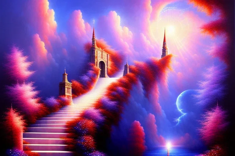 mystical long stairway up to heaven in the sky, beautiful colours, romanticism, fantasy, Neo-Impressionism, fine art