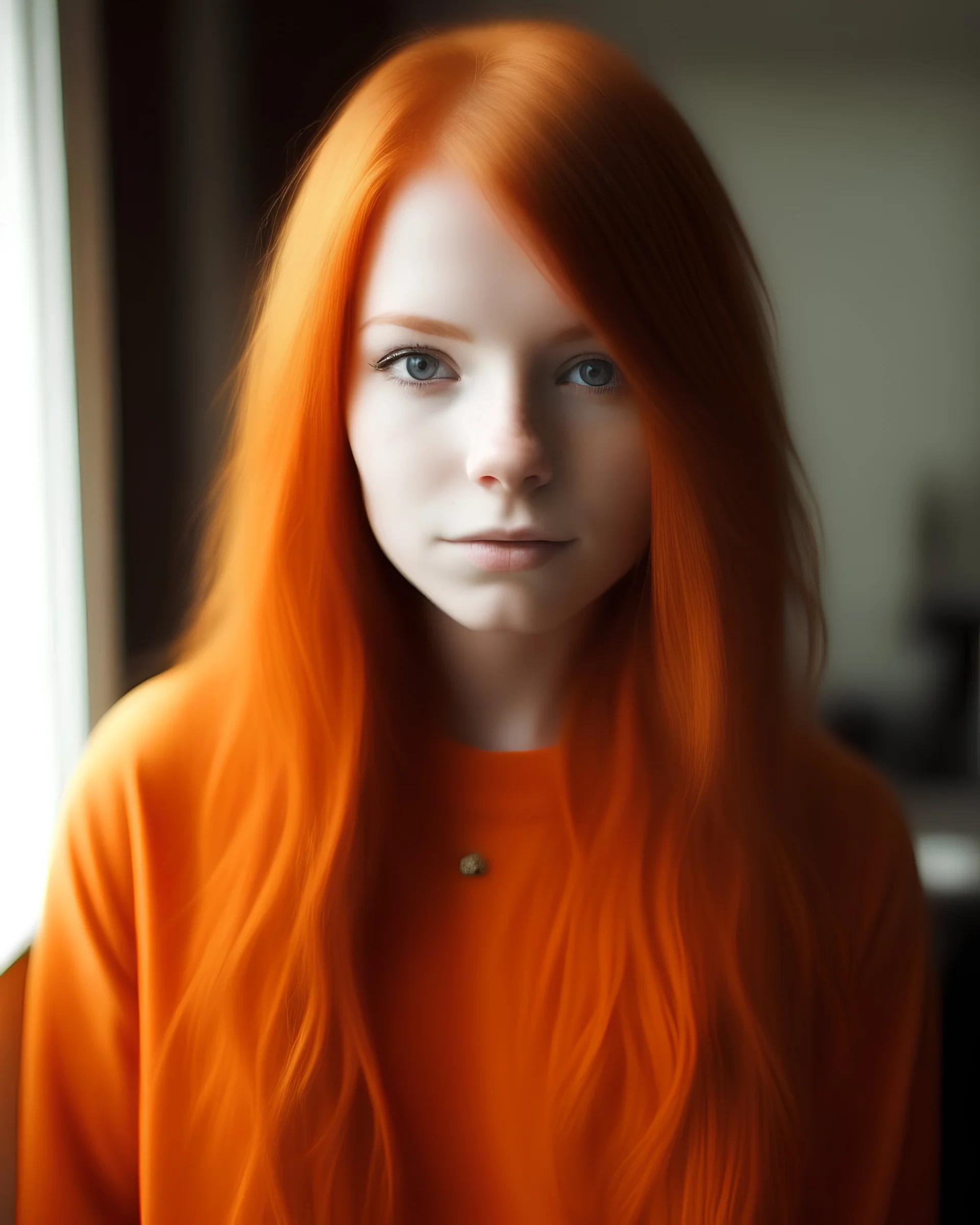 Chica, sueca, pelo naranja suelto